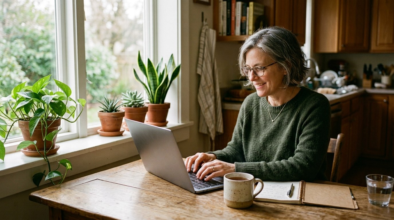 A woman in her fifties working at a laptop at a warm kitchen table in morning light