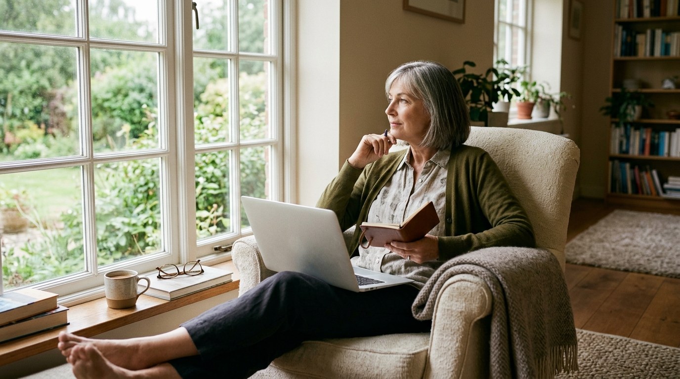 A woman reviewing notes and a laptop in a comfortable armchair by a window